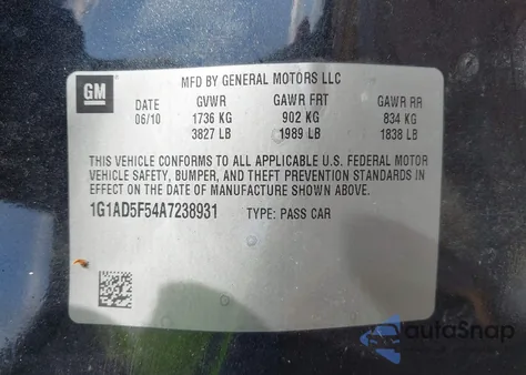 2010 Chevrolet Cobalt 1Lt from USA, damaged, VIN 1G1AD5F54A7238931